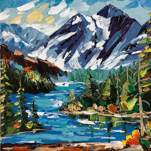 May include: An oil painting depicts a mountain landscape with a snow-capped peak, a blue lake, and evergreen trees. The sky is a mix of blue and yellow, and the brushstrokes create a textured effect. The artwork evokes a sense of nature and tranquility.