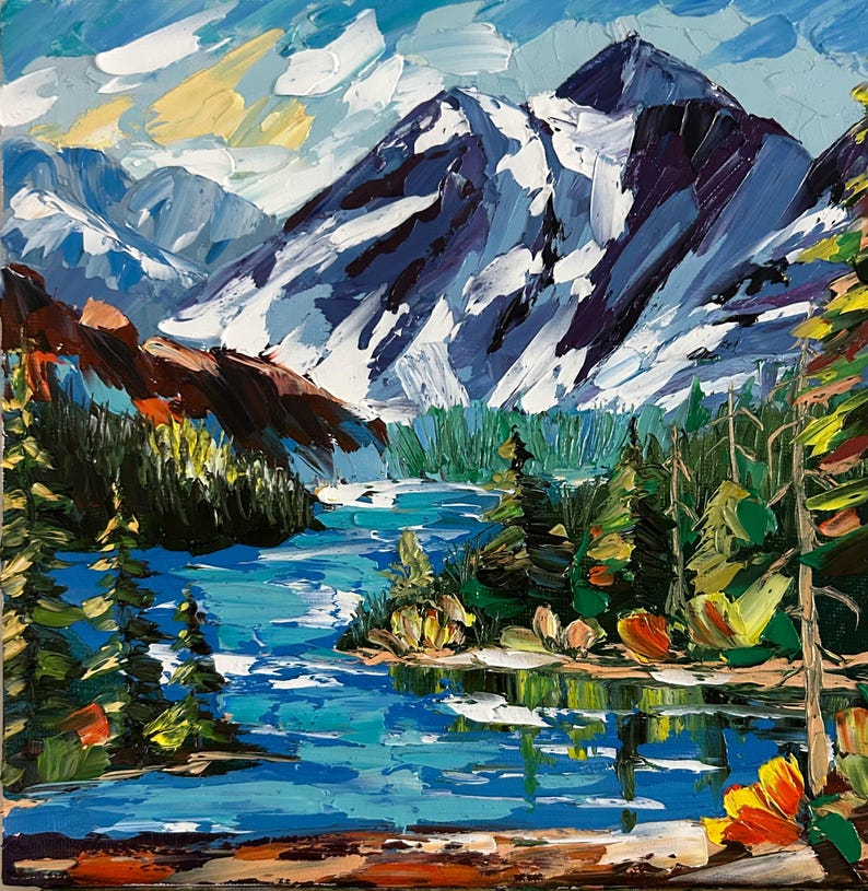 May include: An oil painting depicts a mountain landscape with a snow-capped peak, a blue lake, and evergreen trees. The sky is a mix of blue and yellow, and the brushstrokes create a textured effect. The artwork evokes a sense of nature and tranquility.