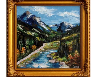 Mountain road Landscape Oil Painting Original Mountain River Art Impasto Palette Knife Landscape Colorado Mountain Wall Art