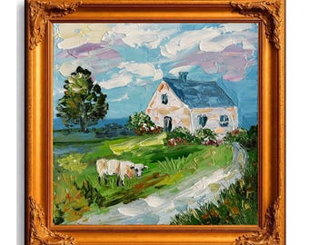 Countryside Cottage with Cows Original Oil Painting on Canvas , Palette Knife Painting, Cozy Rustic Landscape wall art