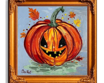 Smiling Pumpkin Painting, Halloween Fall Art, Autumn Leaves, Original Textured Oil Painting