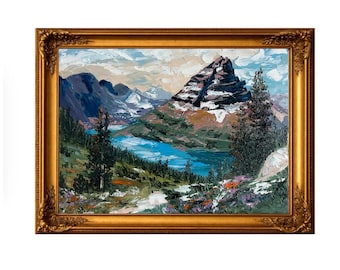 Glacier National Park Oil Painting, Original Mountain Landscape, Impasto Palette Knife Art, Textured Lake Painting, Travel Wall Art