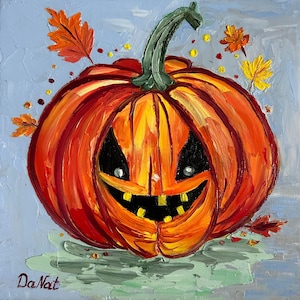 Pintura de calabaza, arte original, pintura al óleo, decoración de otoño, Halloween, divertida calabaza, arte de pared de cocina, regalo de otoño, 8 x 8 pulgadas
