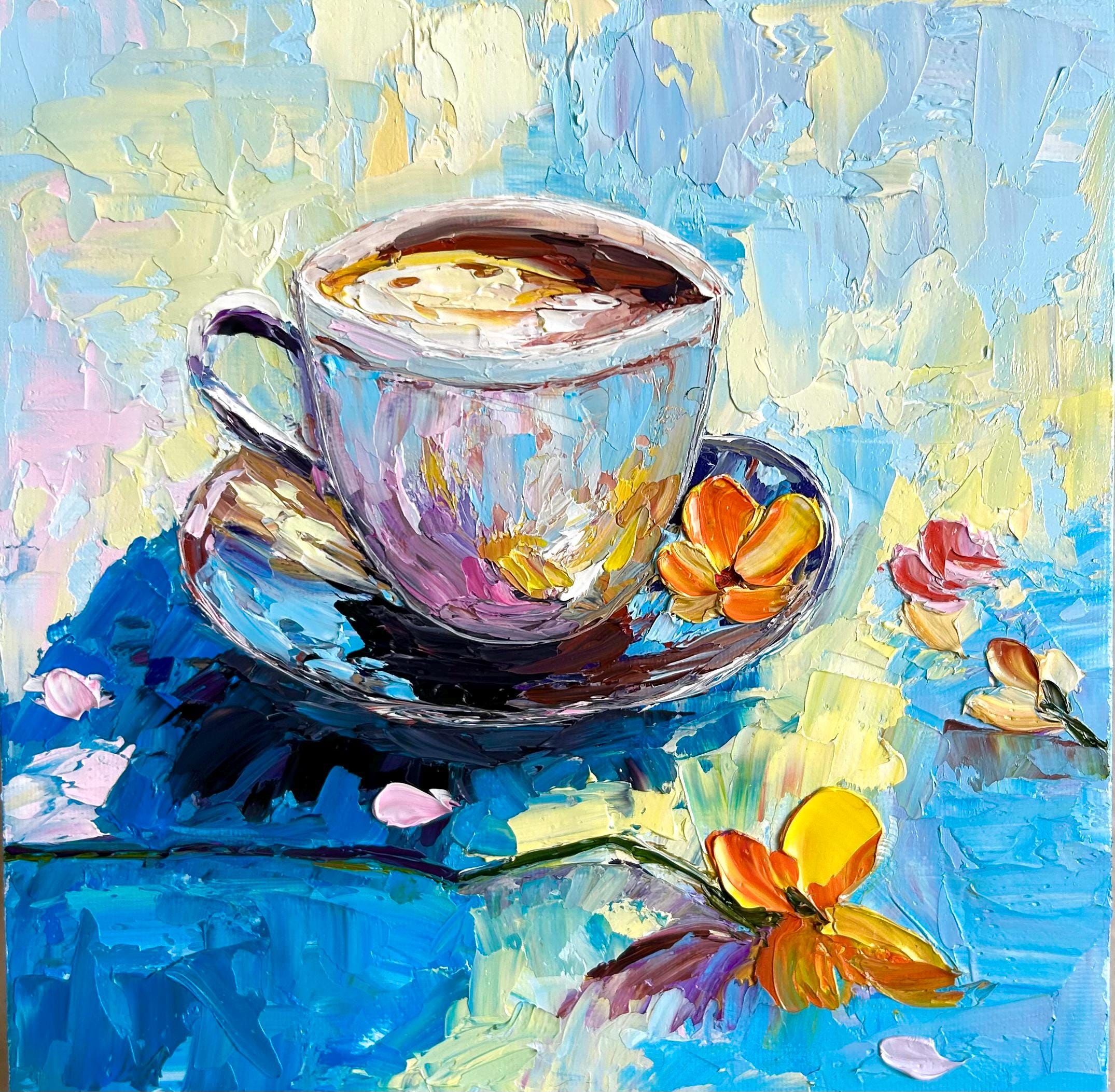 Original Coffee Oil Painting on Canvas 8x8 10x10 Cm, Small Kitchen