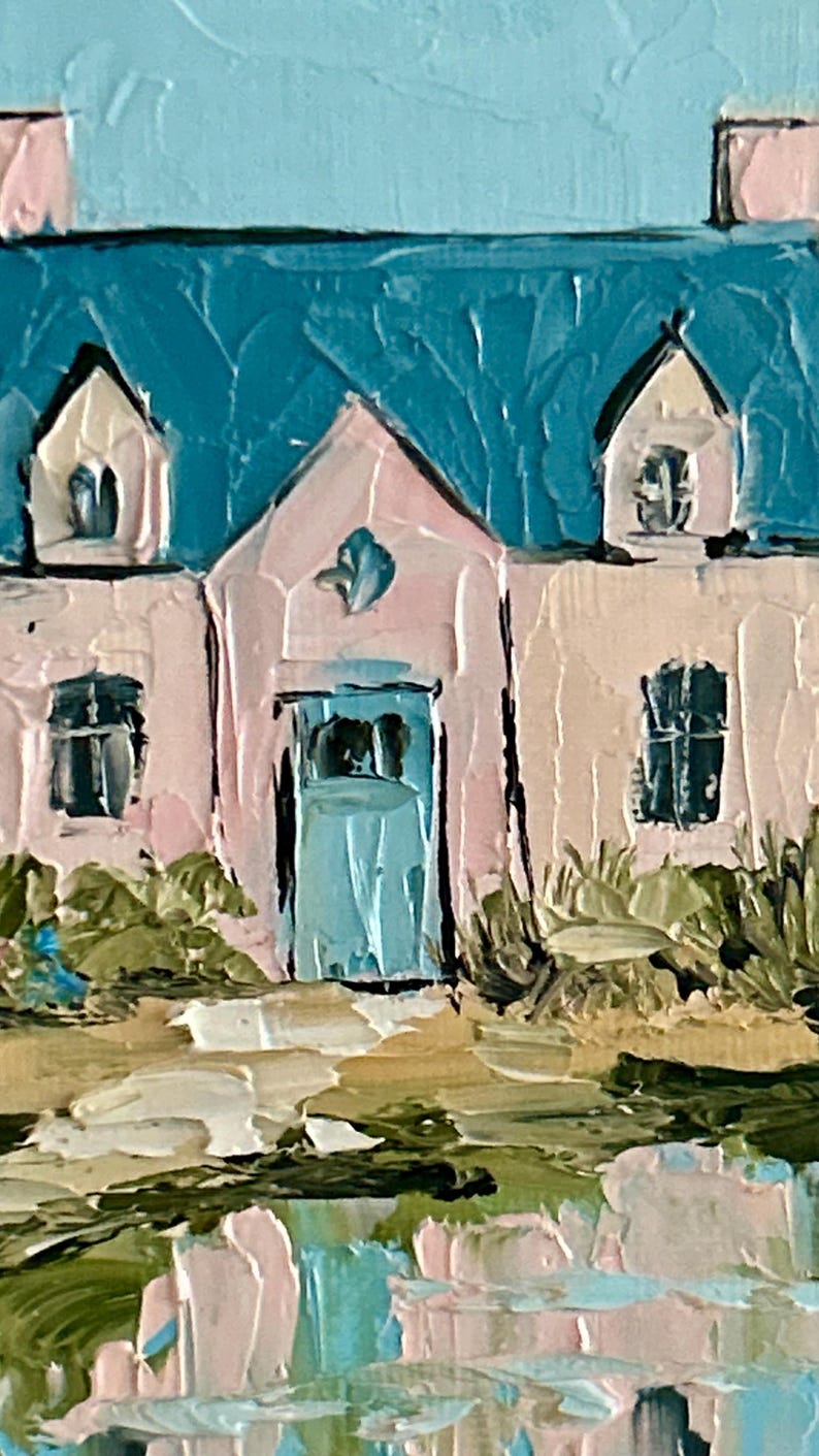 May include: An oil painting on canvas depicting a house with light pink walls, a dark teal roof, and a central blue door. The structure features two dormer windows, a light blue sky, and textured green foliage in the foreground with a path.