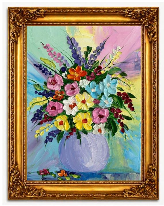 絵画 Oil painting of beautiful flowers. Alpine Meadow Original Oil Painting | Mountain Wall Art
