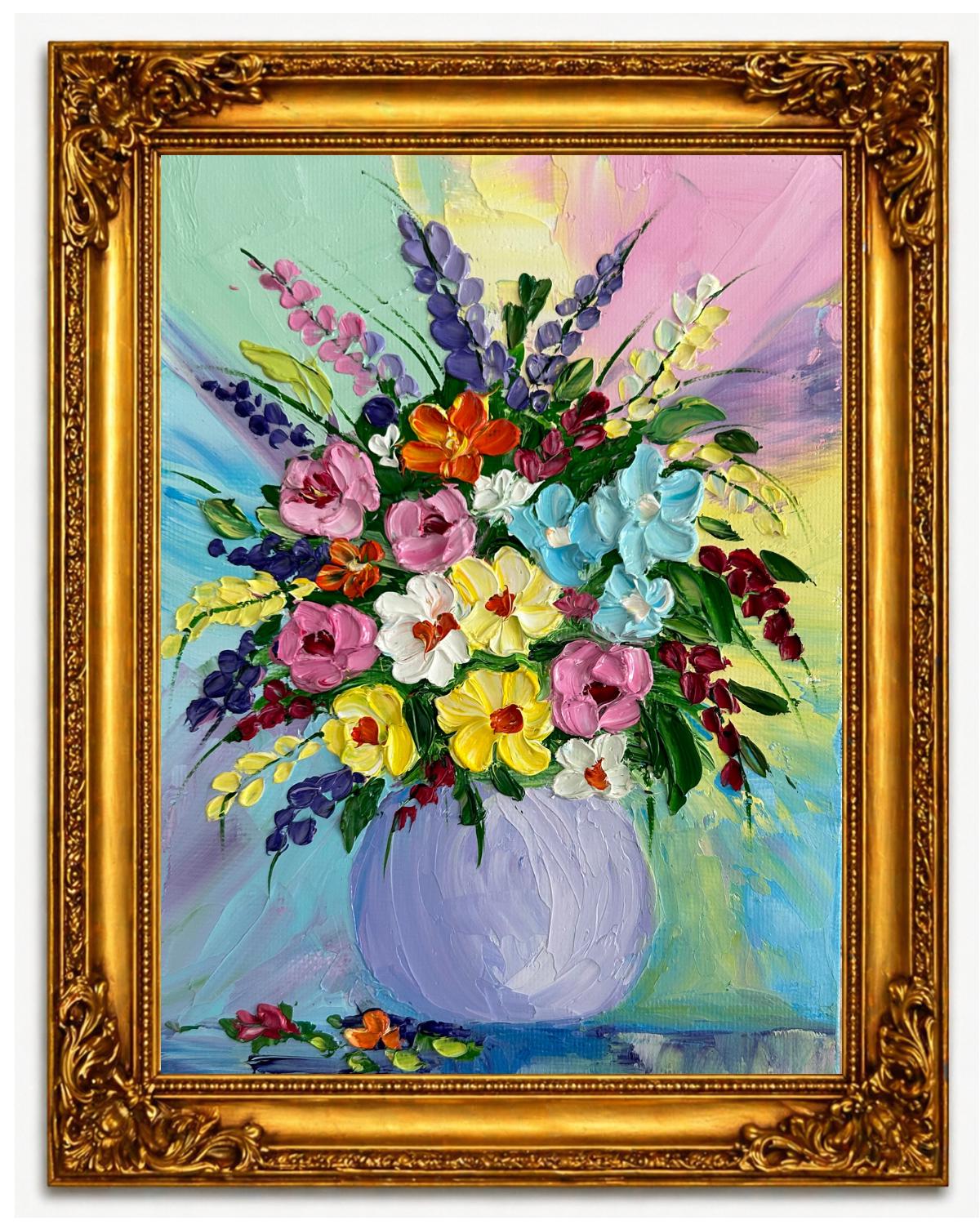 絵画 Oil painting of beautiful flowers. Painting Original Oil Bouguet of Flowers Floral Wall Art Green