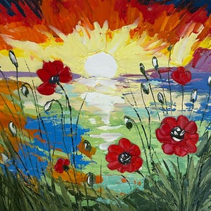 Amapolas al amanecer, pintura al óleo abstracta de paisaje floral vibrante, 8 x 10 pulgadas