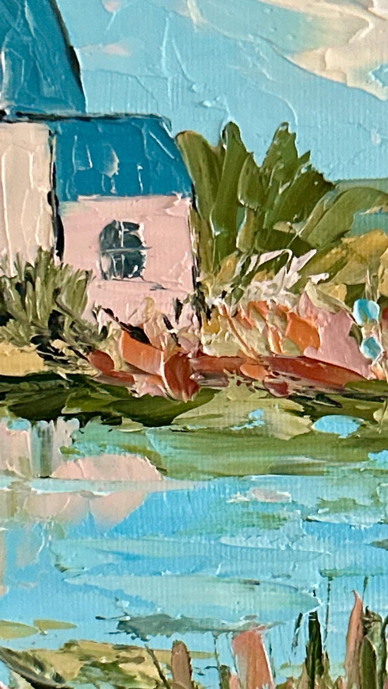 Original Oil Painting Cottage by Lake, American Country House Art, Textured Landscape Painting, Impasto Home Decor, Palette Knife Artwork image 7