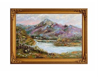 Pintura al óleo original de paisaje montañoso con textura, realizada con espátula, con lago y árboles otoñales. Decoración de pared hecha a mano. Arte de la naturaleza original.