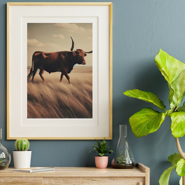 Printable Vintage Western Longhorn Landscape Retro Photo, Country landscape Art, Digital, Downloadable, Printable, Digital Download