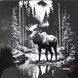 Può includere: Illustrazione in bianco e nero di un alce in piedi in una foresta. L'alce ha grandi corna e si riflette nell'acqua. Lo sfondo presenta alberi alti e un paesaggio sereno.