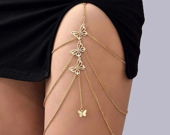 Elastic Gold/Silver Multi-Layer Butterfly Leg Chain, Gold Leg Chain, Silver Thigh Chain, Leg Chain Jewelry, Leg Accessories, Body Jewelry
