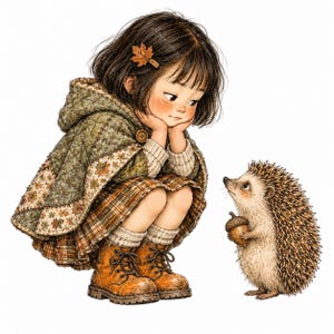 Può includere: Un'illustrazione digitale di un bambino dai capelli scuri che indossa un mantello trapuntato verde oliva con cappuccio, una gonna a quadri e stivaletti marroni stringati, accovacciato mentre guarda un piccolo riccio che tiene una ghianda.