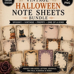 May include: A digital bundle of 20 unique Halloween note sheets featuring vintage-style illustrations of pumpkins, black cats, ghosts, bats, and spiderwebs. The collection includes PDF and PNG files with lined paper designs for notes, letters, and journals.