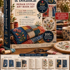 Op de afbeelding: Een hardcover boek getiteld Kantha, Boro & Botanical Repair Stitch Art Book Set met meer dan 100 patronen voor textielkunst. De kaft toont geborduurde stof, bloemmotieven en tekst met details over stapsgewijze begeleiding en PDF-beschikbaarheid.