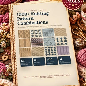 Może przedstawiać: Cyfrowa książka z kolekcją wzorów dziewiarskich zatytułowana 1000+ Knitting Pattern Combinations, zawierająca siatkę dwunastu różnych próbek ściegów, cztery ciemnoniebieskie pola informacyjne oraz listę projektów, w tym swetry, czapki i skarpetki.