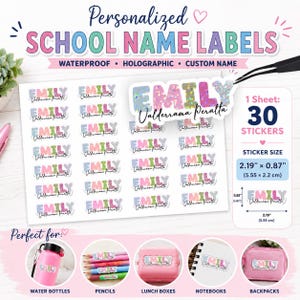 Puede incluir: Una hoja de 30 etiquetas escolares holográficas personalizadas con el nombre Emily Valderrama Peralta en texto colorido y brillante. Cada pegatina mide 5,55 cm por 2,2 cm. Las etiquetas son impermeables y están hechas a medida.