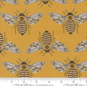 May include: A yellow fabric with a repeating pattern of bees. The bees are black and white with a gold shimmer. The fabric has a subtle texture.