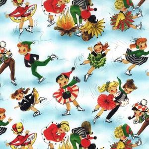 May include: A repeating pattern of vintage-style illustrations of children ice skating on a light blue background. The children are wearing colorful winter outfits, including red, green, and white, with some figures near a campfire. The overall theme is winter and holiday.