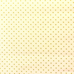 May include: A white fabric with a repeating pattern of small gold dots.