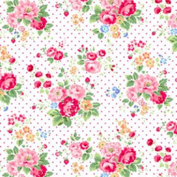 Pam Kitty Love - Red On White Foral On Dots - 1 Yard for 9.75