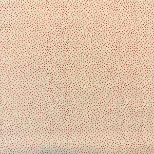 May include: White fabric with a red polka dot pattern. The dots are small and evenly spaced.