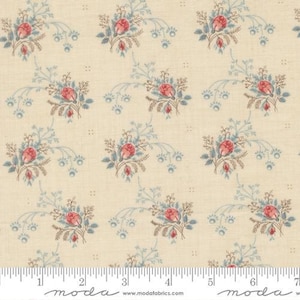 May include: Cream-coloured fabric with a repeating floral pattern. The design features clusters of red roses with blue and brown accents. The fabric has a vintage, classic aesthetic, suitable for quilting or crafting projects.