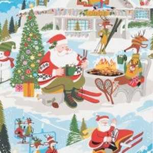 Santa At Yuletide Lodge - Cool Retro Christmas Fabric - By Alexander Henry - Sky Blue (DE 9004) - One Yard - 12.95 Dollars