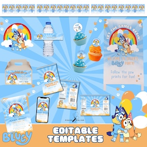 Bluey Birthday Party Bundle | Editable Bluey Invitation, Welcome Sign, Treat Box, Labels, Toppers | Printable Digital Download