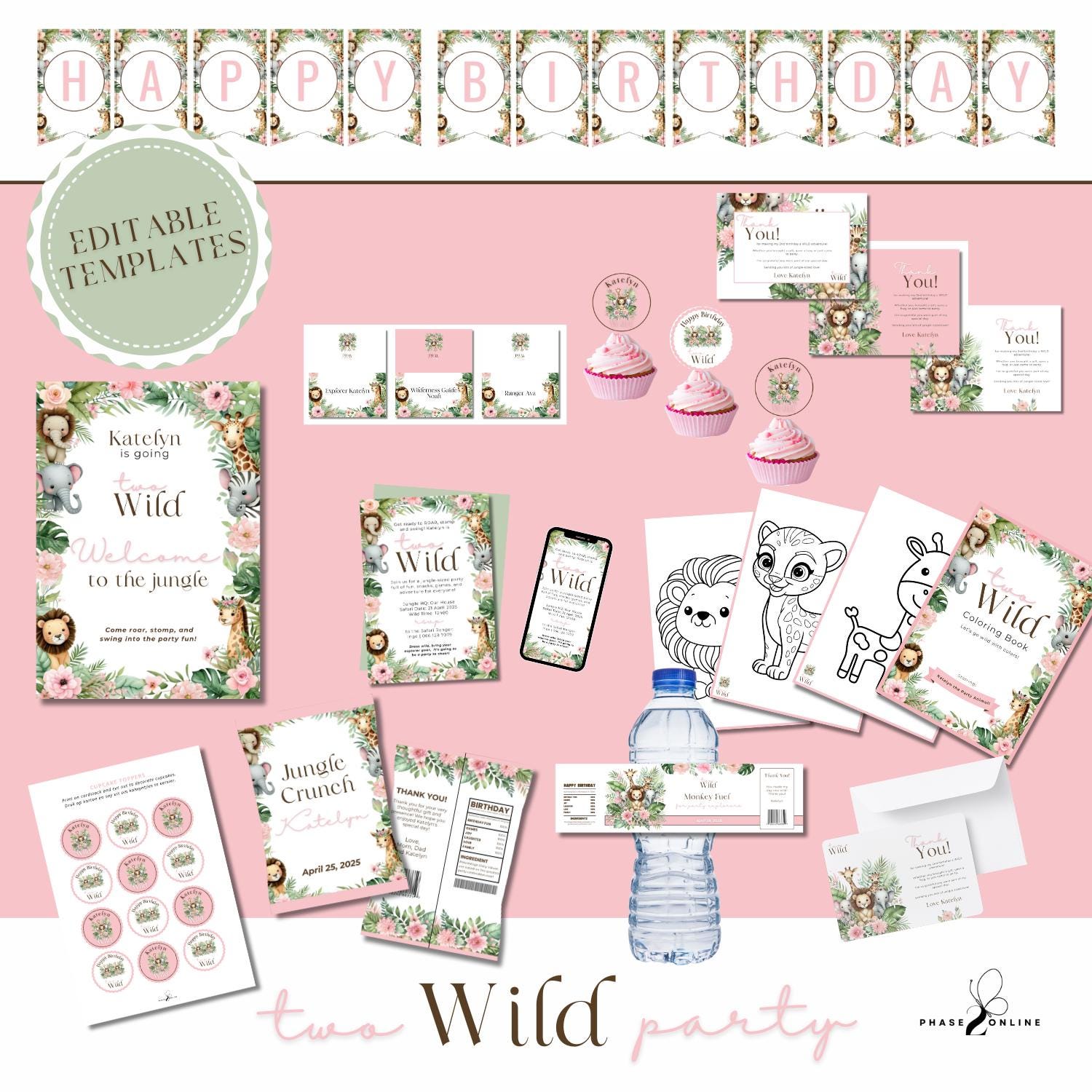 Two Wild Birthday Bundle | Editable Girl Party Decor | 2nd Birthday Safari Theme | Pink Jungle Animals | Instant Download