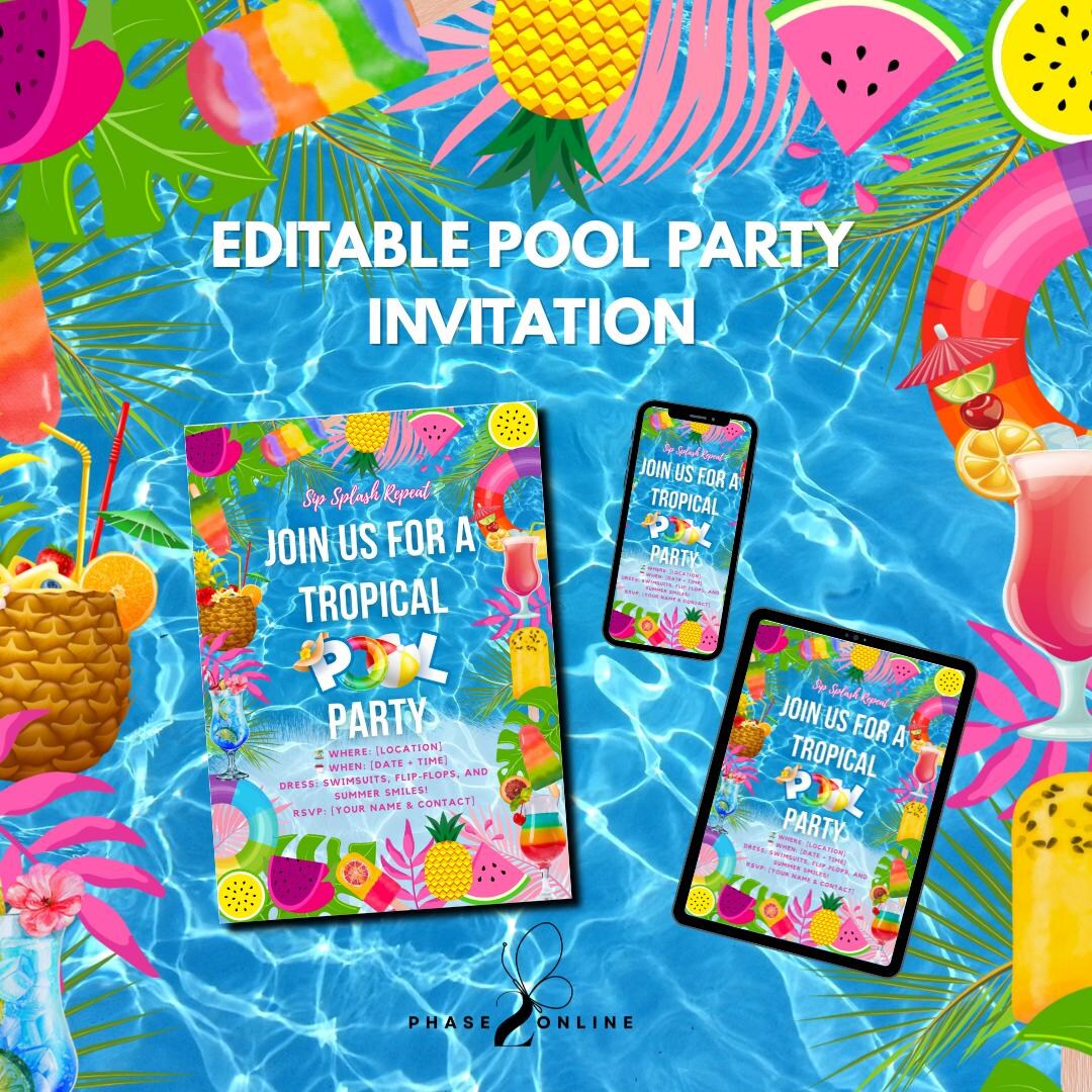 Colorful Pool Party Invitation Editable Template Digital Download ...