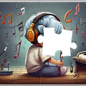 May include: A colourful jigsaw puzzle featuring a child wearing headphones and sitting next to a piano. The puzzle pieces are scattered around the child, including musical notes and a violin.