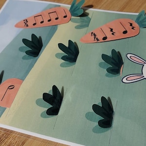 May include: A colourful illustration of a cartoon rabbit with a carrot, set in a field of carrots. The carrots have musical notes on them. The background is green and beige. The artwork is on a white background.