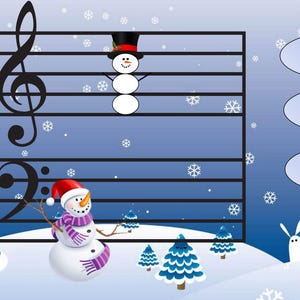 May include: A winter-themed music education illustration featuring a treble clef and two snowmen. The snowmen are on a musical staff with notes. The text 'F-G-A', 'F-A-B', and 'F-A-C' are written in blue ovals.
