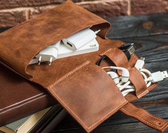 Personalized leather cable case, Leather charger organizer, Travel cable organizer bag, Cable storage bag, Custom cord organizer, Cord case