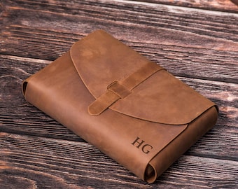 Handmade leather book sleeve, Engraved book sleeve, Book protector pouch, Monogrammed book cover, Leather book case, Custom size book cover