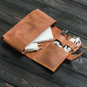 Personalized leather cable organizer, Travel charger organizer, Leather tech cord organizer, Custom cable management pouch, Charger case