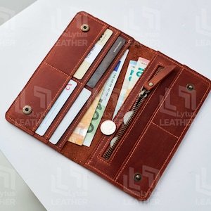 Cartera larga de piel para mujer, Cartera larga personalizada, Cartera larga de piel plegable, Cartera de piel grabada, Cartera larga hecha a mano