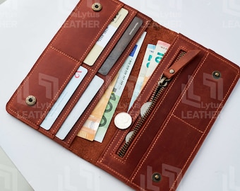 Cartera larga de piel para mujer, Cartera larga personalizada, Cartera larga de piel plegable, Cartera de piel grabada, Cartera larga hecha a mano