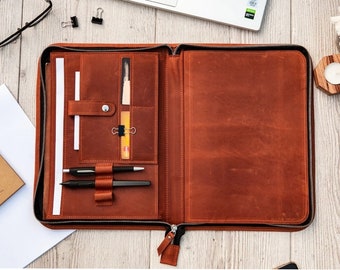 Personalisierte Ledermappe, Ledermappe mit Reißverschluss, Leder Businessmappe, Ledermappe mit Gravur, Mappenorganizer