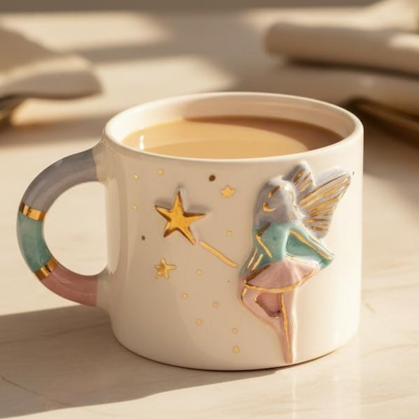 Hand-Painted Ceramic Mug With Fairy & Star Detail – Whimsical Pastel Artisan Cup