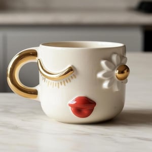 Handmade Ceramic Face Mug, 24ct Gold Plated Accents, Whimsical Pottery Coffee Cup