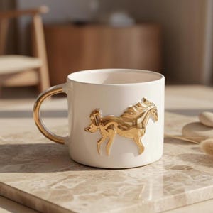 May include: Cream ceramic mug featuring a gold horse relief. The handle and horse are gold. The mug sits on a marble surface. The mug is a standard size for tea or coffee.