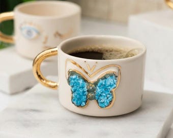 Blue Butterfly 3D Detailed Handmade Ceramic Mug With