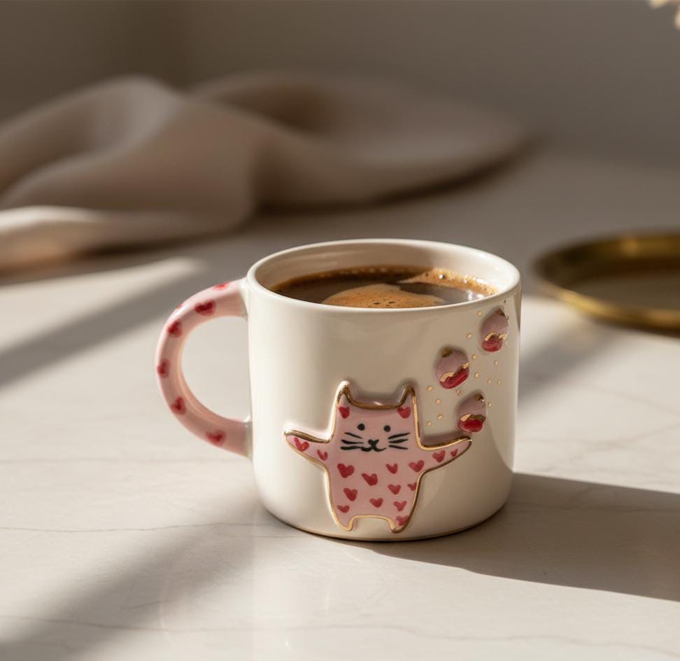 ピンクの猫とハートの手描き陶器マグカップ - Etsy 日本