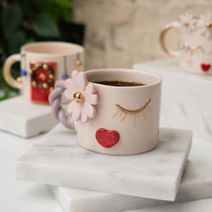Valentine&#39;s Ceramic Mug: Floral Heart, Gold Lashes, Braided Handle