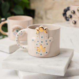 Handcrafted Ceramic Hamsa Mug: Boho Coffee Cup with 24 ct Gold