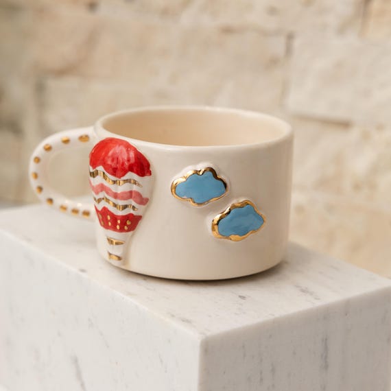 Handmade Red Air Balloon Ceramic Mug: Turkish Art With 24 ct Gold Accents