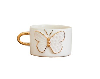 Tazza in ceramica fatta a mano con farfalla dorata - Tazza in ceramica naturale rivestita in oro 24k - Regalo artistico in ceramica turca smaltata 200 ml